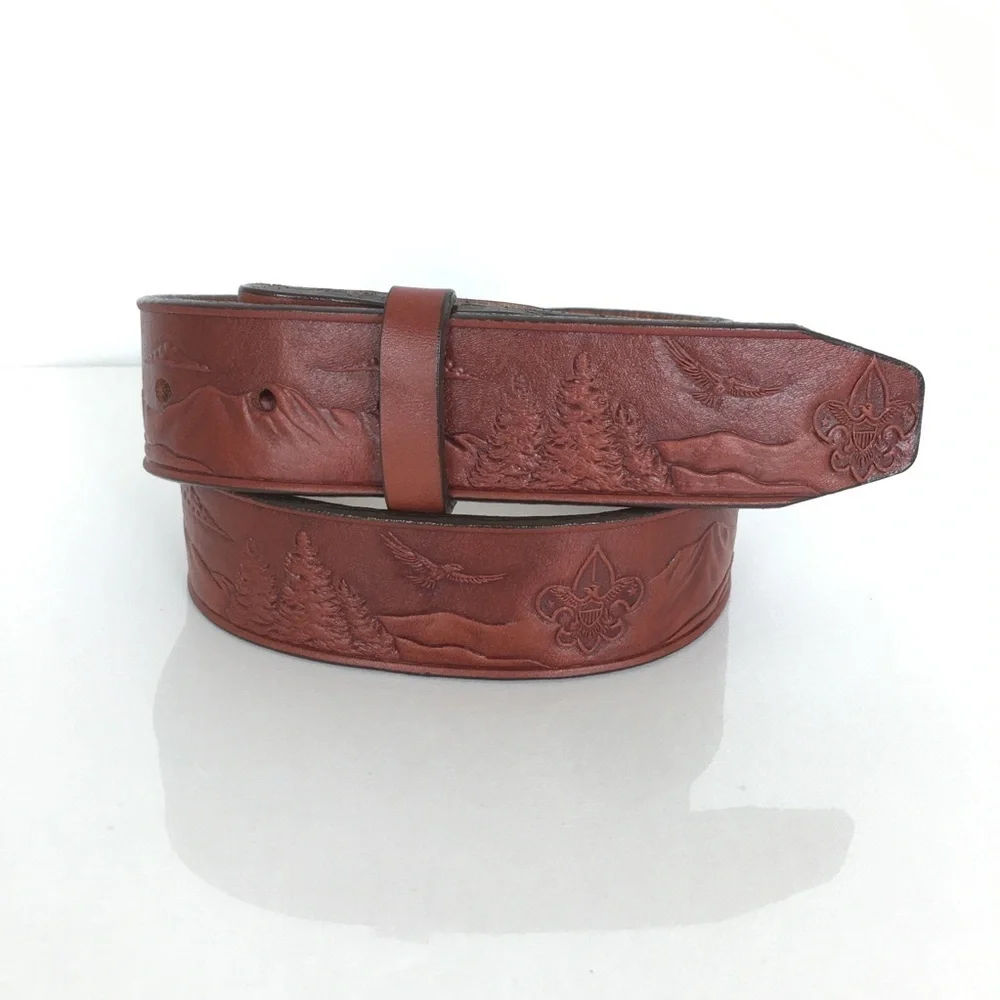 Hand Tooled Leather Belt Mountain Scene Brown Western Size S Unisex Rodeo Cowboy